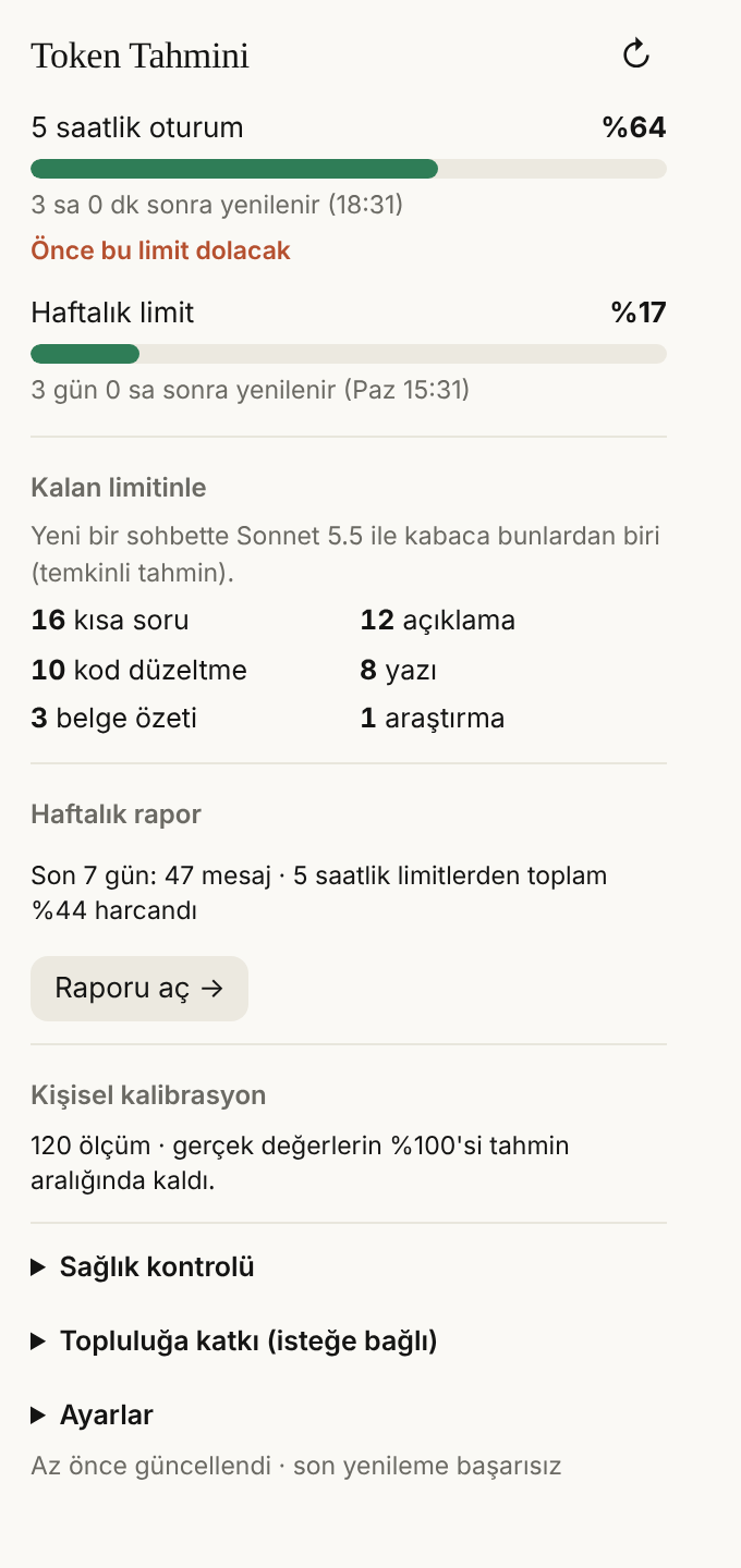 Eklenti penceresi: 5 saatlik oturum, haftalık limit, kalan limitle yapılabilecekler, haftalık rapor satırı ve kişisel kalibrasyon durumu